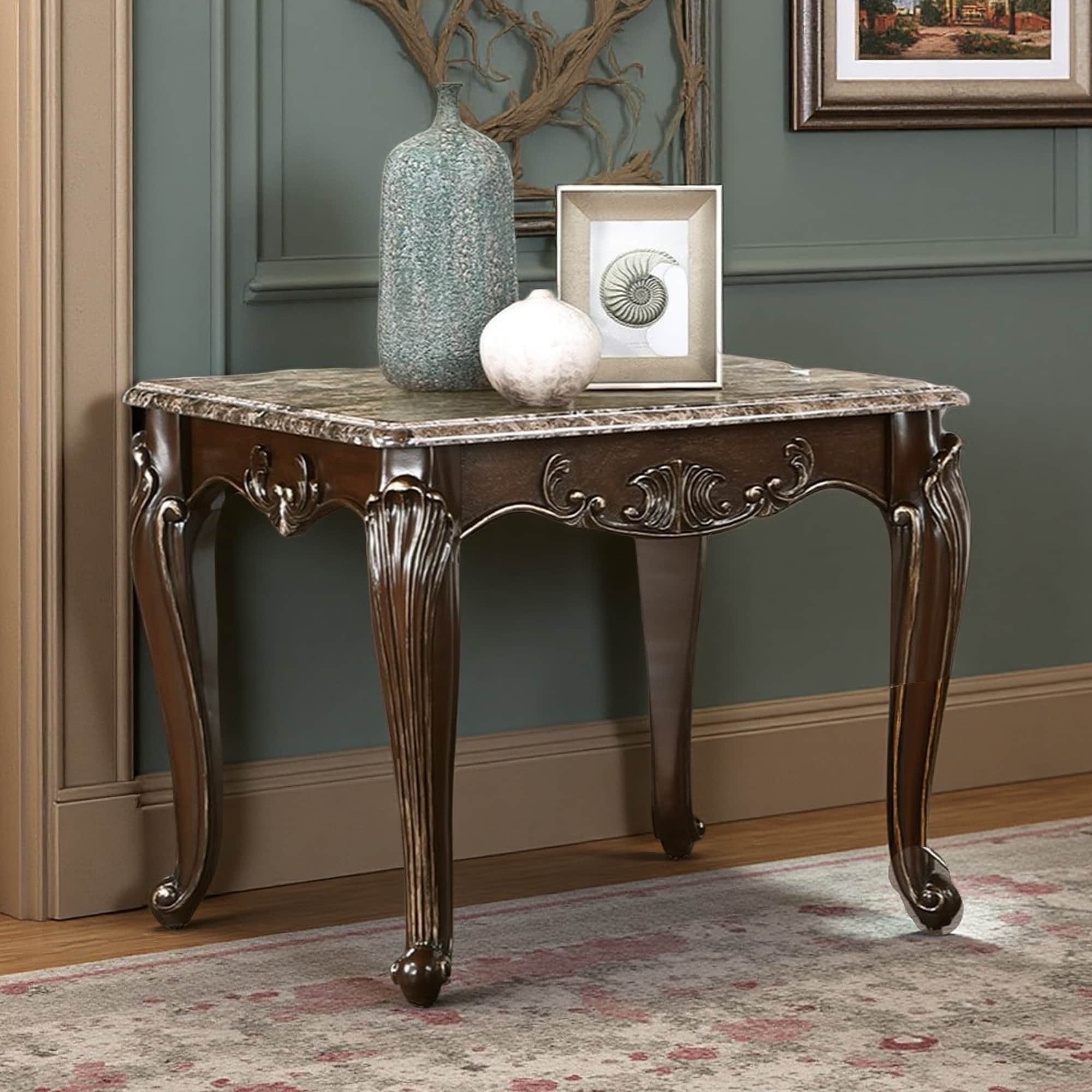 28" Marble Top End Table, Cherry Finish