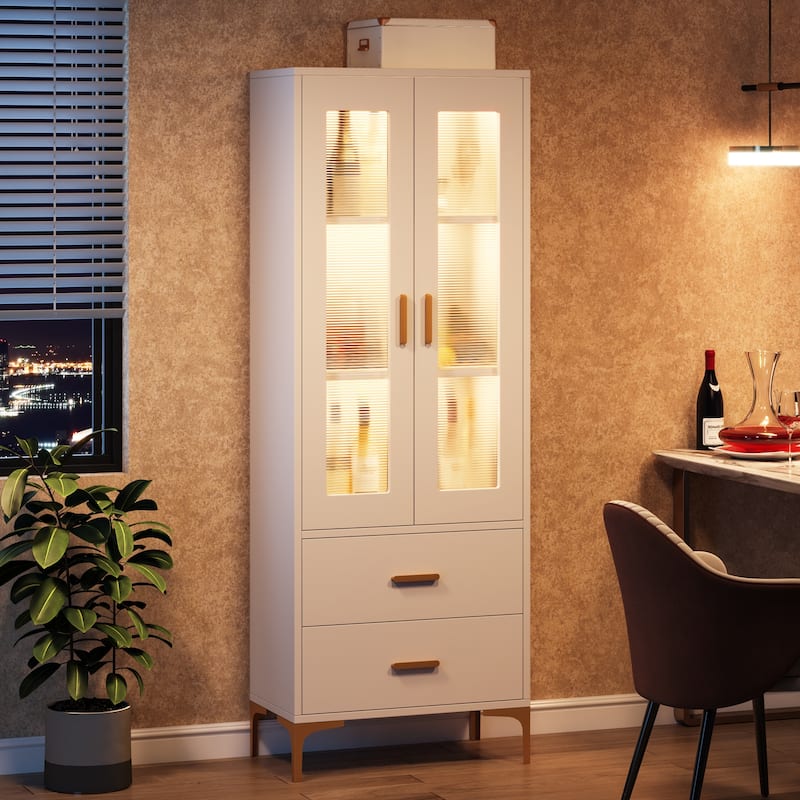 Tall Bookcase Bookshelf Storage Cabinet With Doors and LED Light