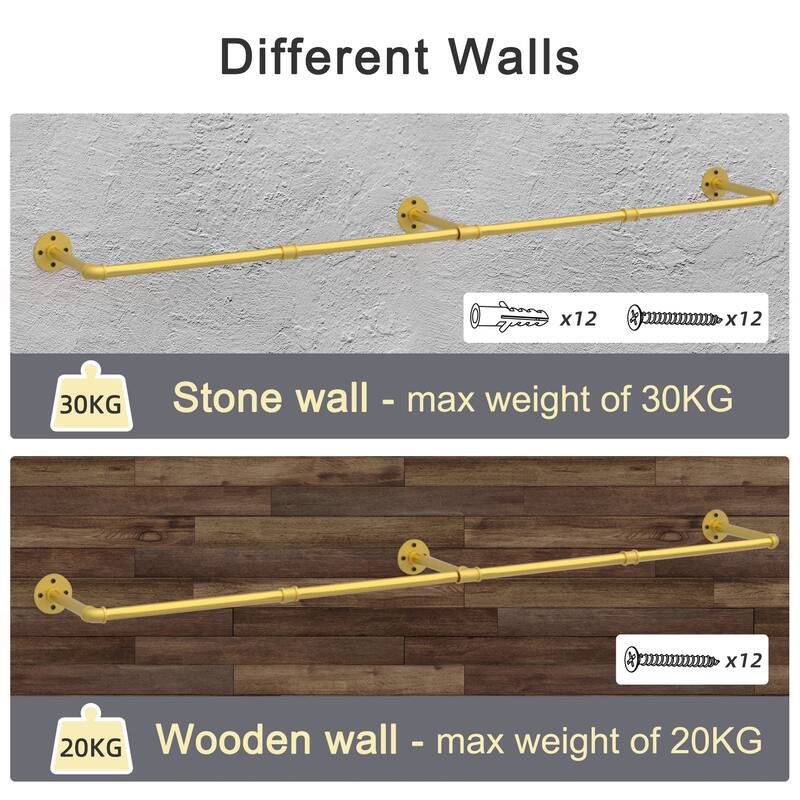 70.8'' Long Industrial Pipe Wall Mounted Clothes Rail Rack Hanging Bar