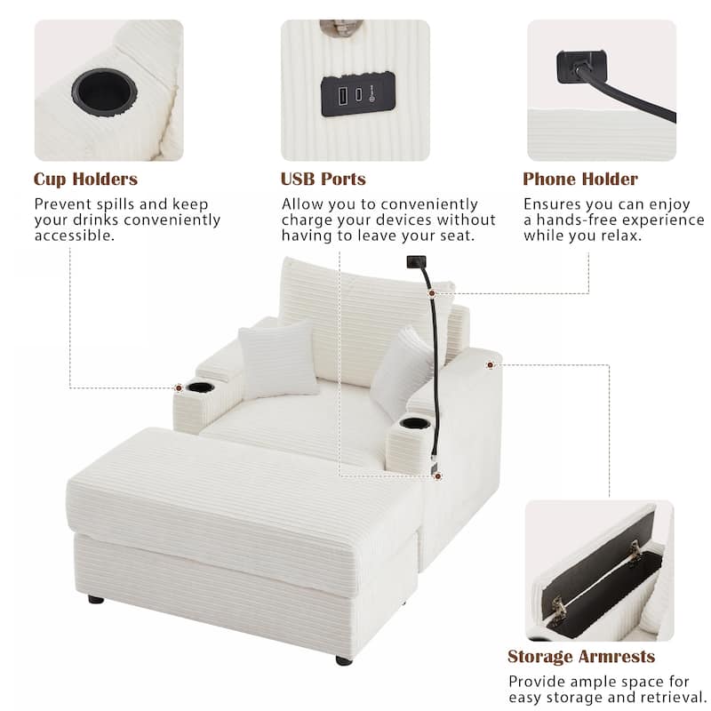 41.7" Modern Single Sofa with Storage, Ottoman, USB Ports, Cup Holders, Phone Holder, Beige Corduroy