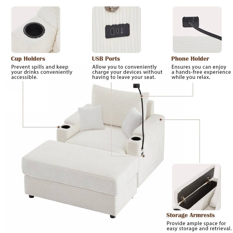 Modern Single Sofa with Movable Ottoman, Hidden Storage, USB Ports, Cup Holders and Phone Holder for Living Room