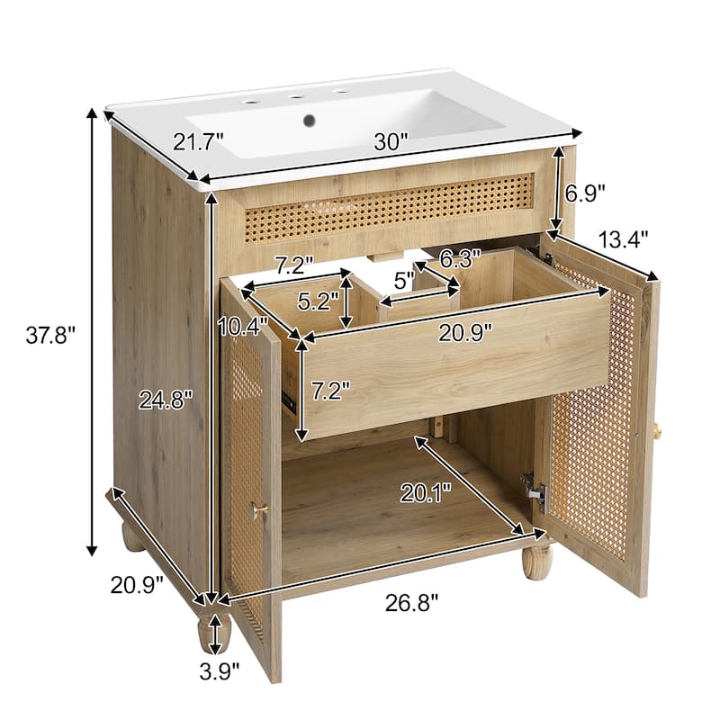 30" Bathroom Vanity with Resin Sink Handwoven Rattan Doors Soft Close Hinges Solid Wood Base
