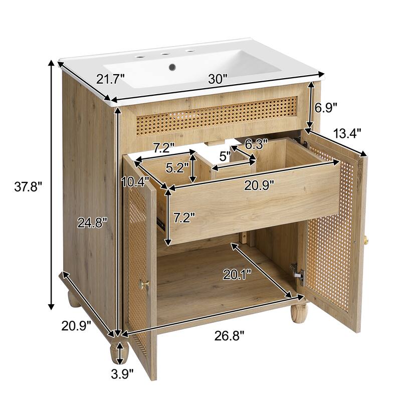Bathroom Vanity with Sink, Freestanding Bathroom Sink Vanity, Bathroom Cabinet with Rattan-Handwoven Doors & Drawers