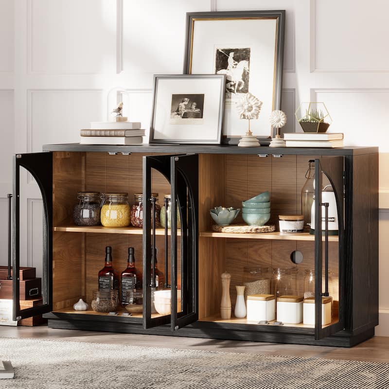 Roomfitters 4-Door Storage Sideboard Buffet Cabinet with Glass Doors, Arched Cabinet with Adjustable Shelves for Home Use