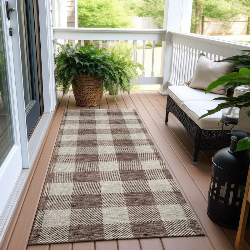 Machine Washable Indoor/ Outdoor Chantille Plaid Rug - Brown - 2'3" x 7'6"
