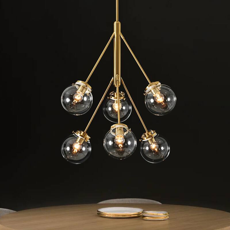 6-Light Modern Glam Sputnik Brass/Matte Black Finish Dimmable Chandelier with Clear Glass Globe for Living & Dining Room