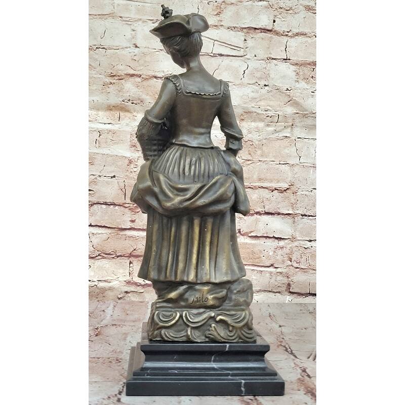 Bronze Sculpture Of Woman In Traditional Dress Holding Basket Of Flowers - Rustic Country Lady Statue