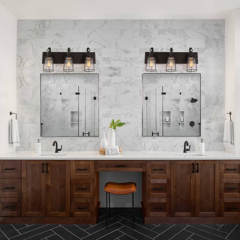 Farmsy Modern Farmhouse 3-Light Linear Glass Bronze Bathroom Vanity Lights Industrial Metal Wall Sconces - L22" x W6" x H 10"