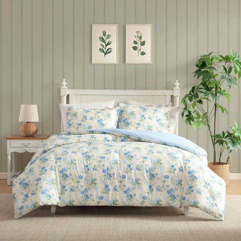 Laura Ashley Blossom Dance Reversible Cotton Blue Comforter Set