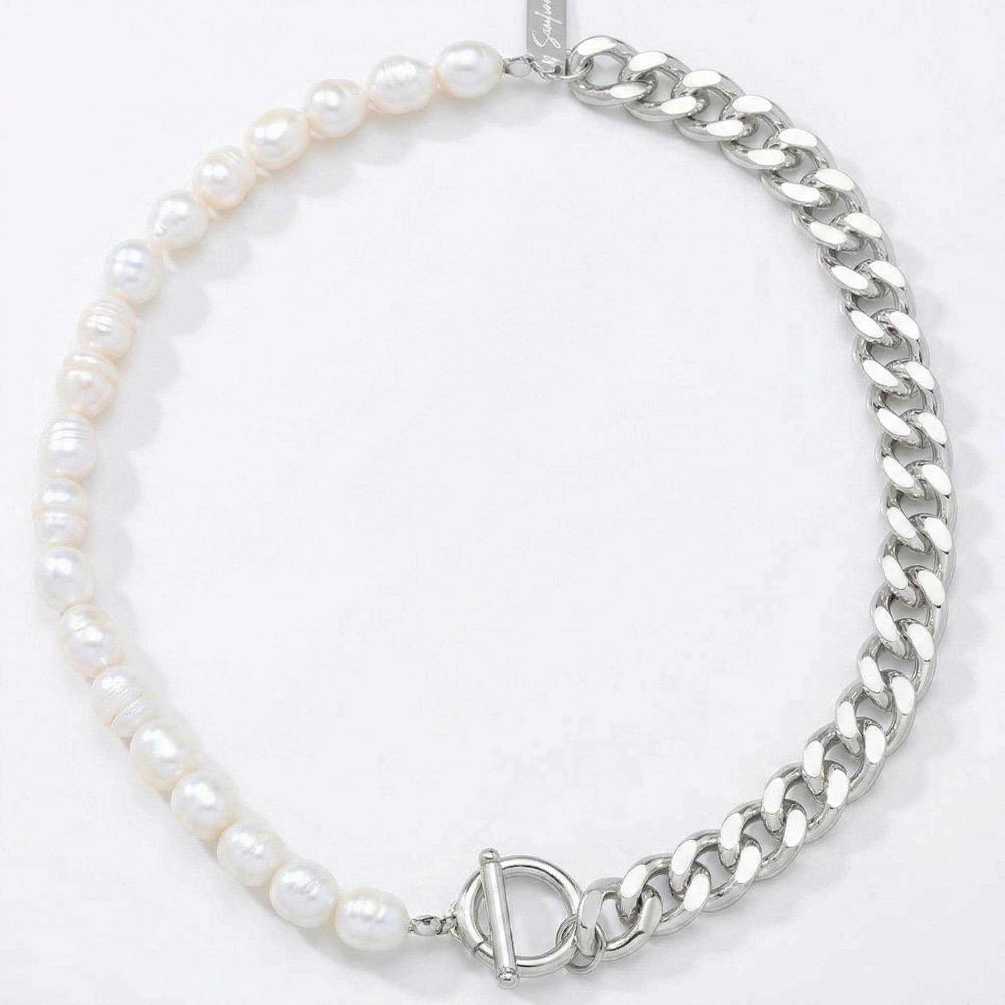 Bliss Diamond Fresh Water Pearl Half Curb Link Necklace 18" Toggle Clasp