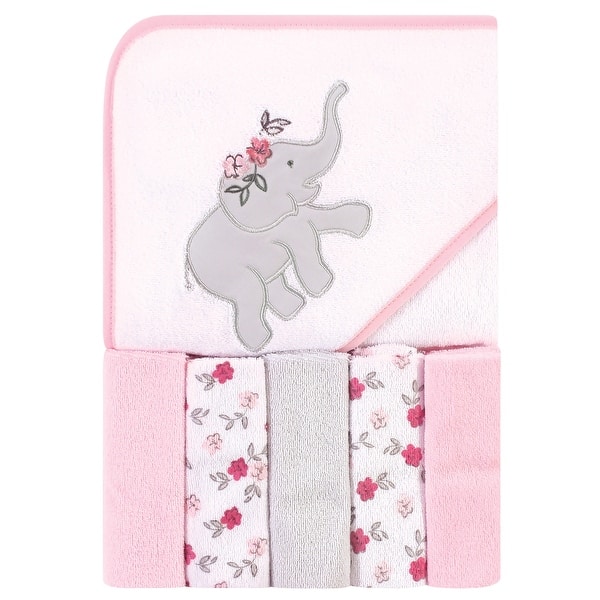 slide 1 of 1, Hudson Baby Infant Girl Hooded Towel and Five Washcloths, Floral Elephant, One Size - Floral Elephant - One Size One Size - Floral Elephant