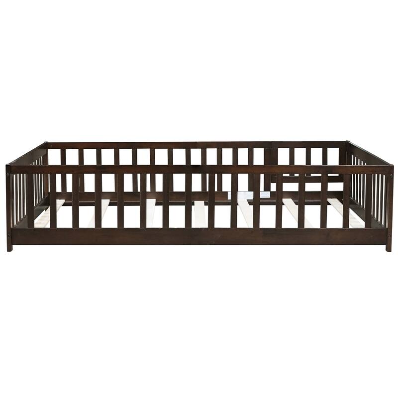 Full Size Floor Bed with Fence and Door,Rubber Wood Floor Bed with Safety Guardrails