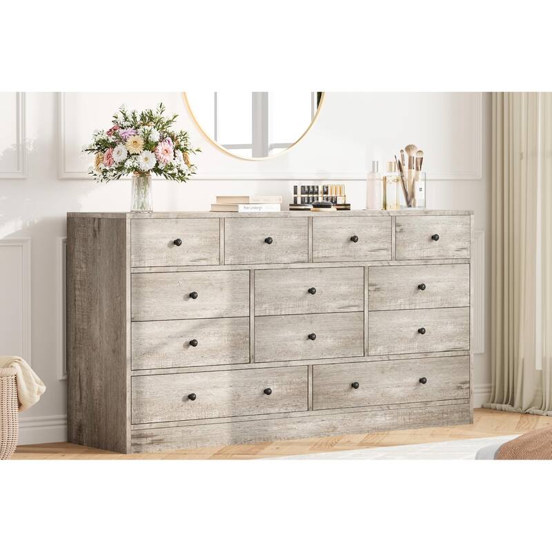 12 Drawer Dresser for Bedroom with Power Outlet, 61 Inch Wooden Storage Cabinet - Grey