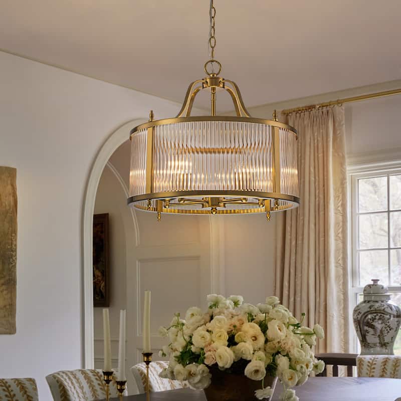 Modern Glam 5-Light Clear Ribbed Glass Drum Chandelier for Dining and Living Room - Gold