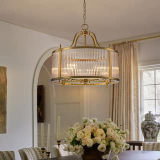 Modern Glam 5-Light Clear Ribbed Glass Drum Chandelier for Dining and Living Room - Gold