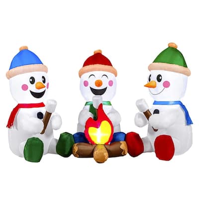 6 ft Long Multicolor Polyester Indoor Outdoor Small Snowmen with Campfire Inflatable, Home Garden Seasonal Decoration - White