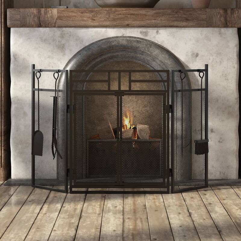 3-Panel Fireplace Screen with Doors and Tools Set, Wrought Iron Mesh Spark Guard for Indoor Fireplace Safety