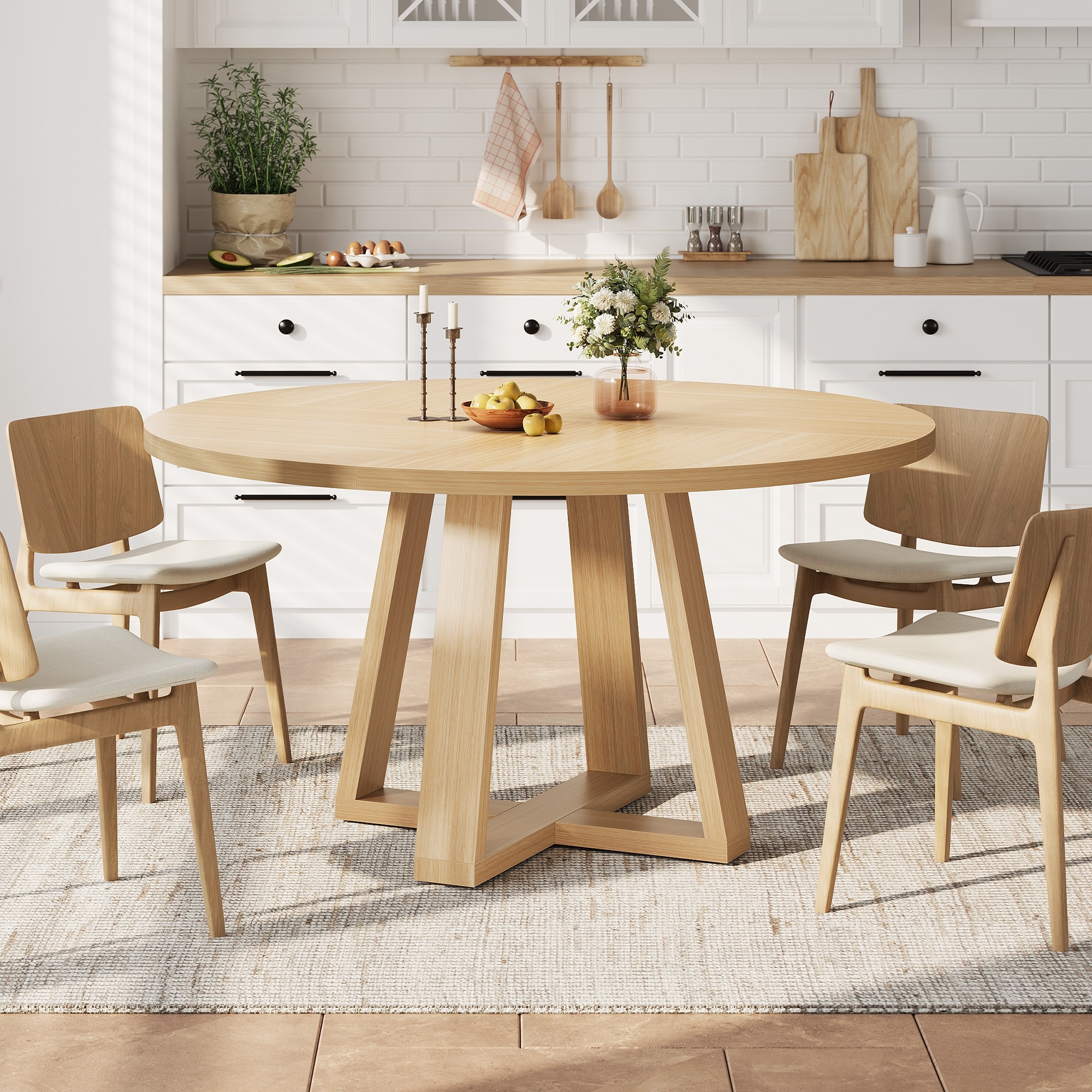 Round Dining Table for 4-6 People, 47" Dining Room Table with Wooden Cross Pedestal Base, Modern Kitchen Table