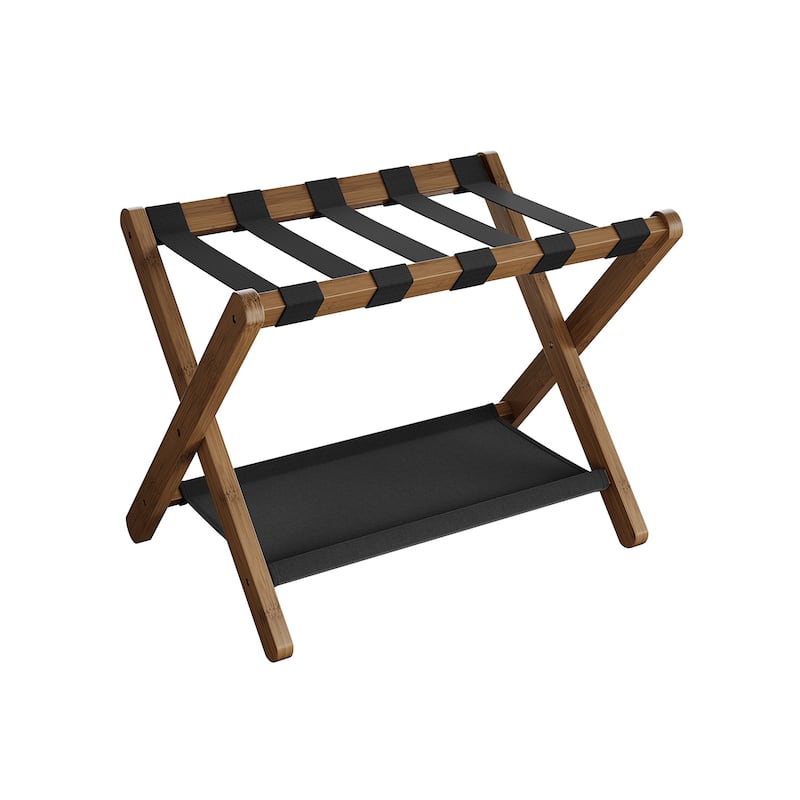 Wicker Luggage Rack with Nylon Support Straps and Storage Shelf Foldable Travel Suitcase Stand