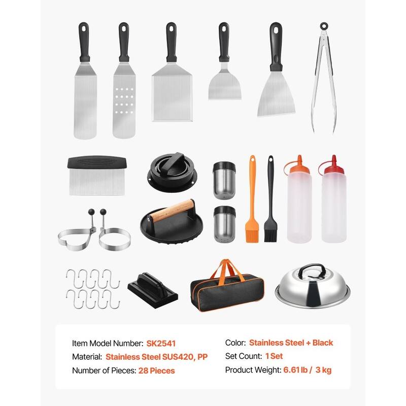28-Piece BBQ Griddle Accessories Kit with Spatulas Meat Press Silicone Brushes and Hooks - 15.55” x 13.19” x 5.31”