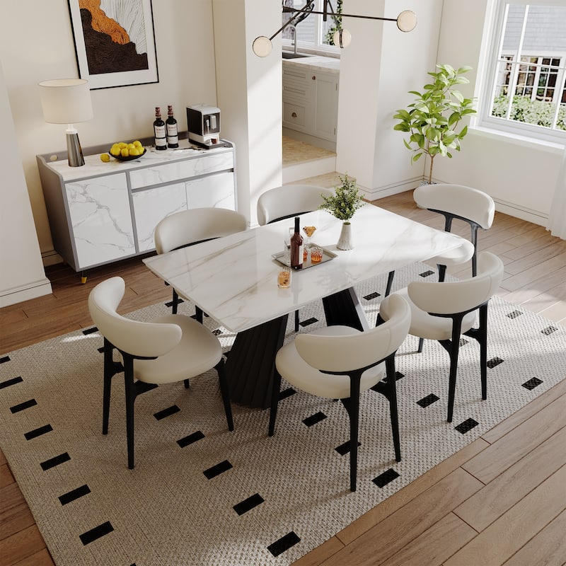 63-95" Extendable Modern Dining Table for 6-10, White Glossy Sintered Stone Tabletop