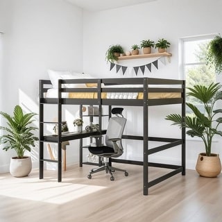 Elegant Study Full Loft Bed with built-in desk, Space-saving, Espresso