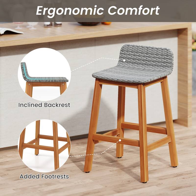 Gymax Solid Acacia Wood Bar Stools Set of 2 Rattan Bar Height Patio