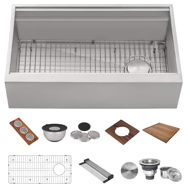 Ruvati 33-inch Workstation Two-Tiered Ledge Kitchen Sink Apron-Front 16 Gauge Stainless Steel - 33-1/2" x 20-1/8"