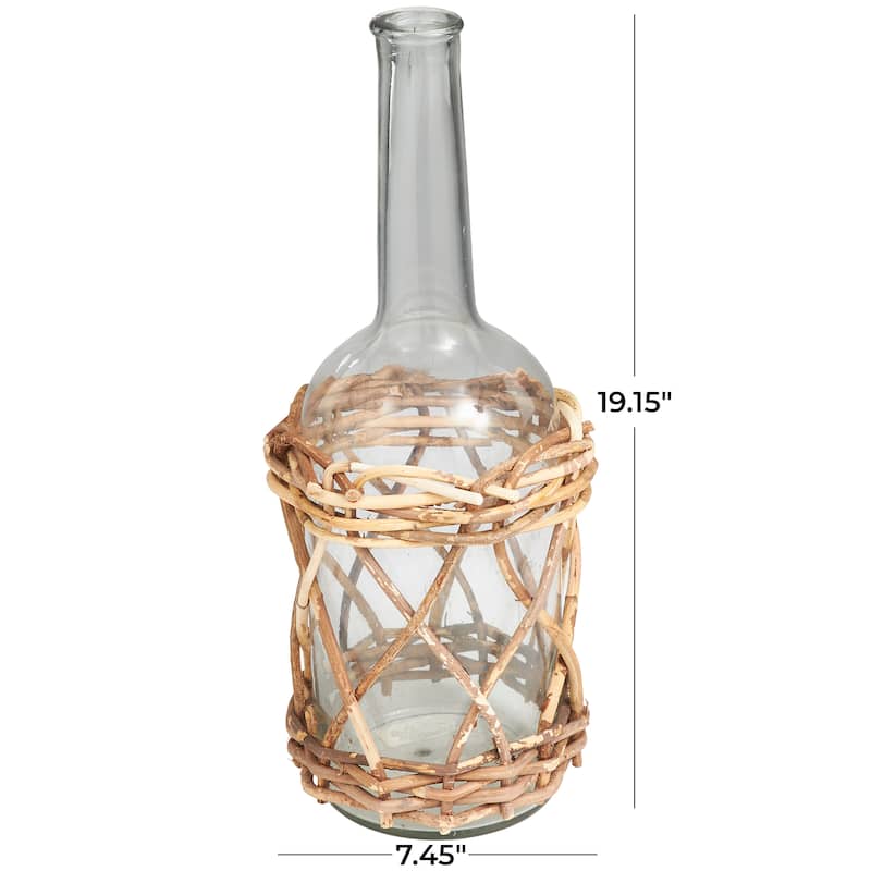 Clear Glass Handmade Tall Vase with Brown Rattan Woven Lower Body