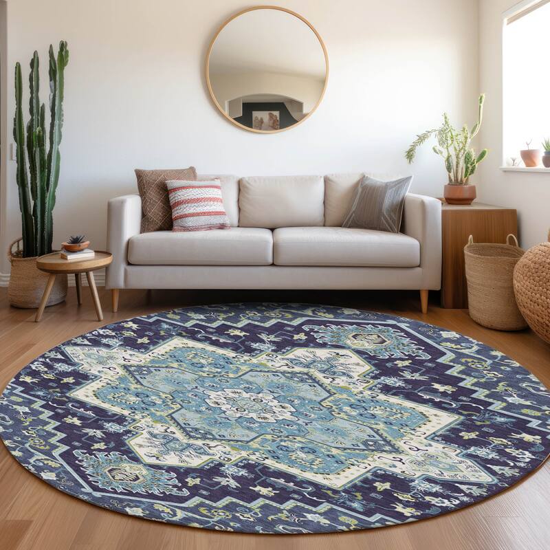 Machine Washable Indoor/ Outdoor Persian Traditional Chantille Rug - Navy - 8' x 8'