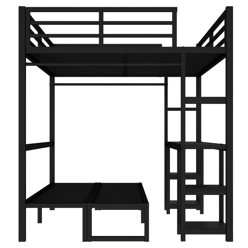 Convertible Queen Over Twin XL Metal Loft Bed with Foldable Sofa, Built-In Desk, Shelves, USB Ports & LED Lighting