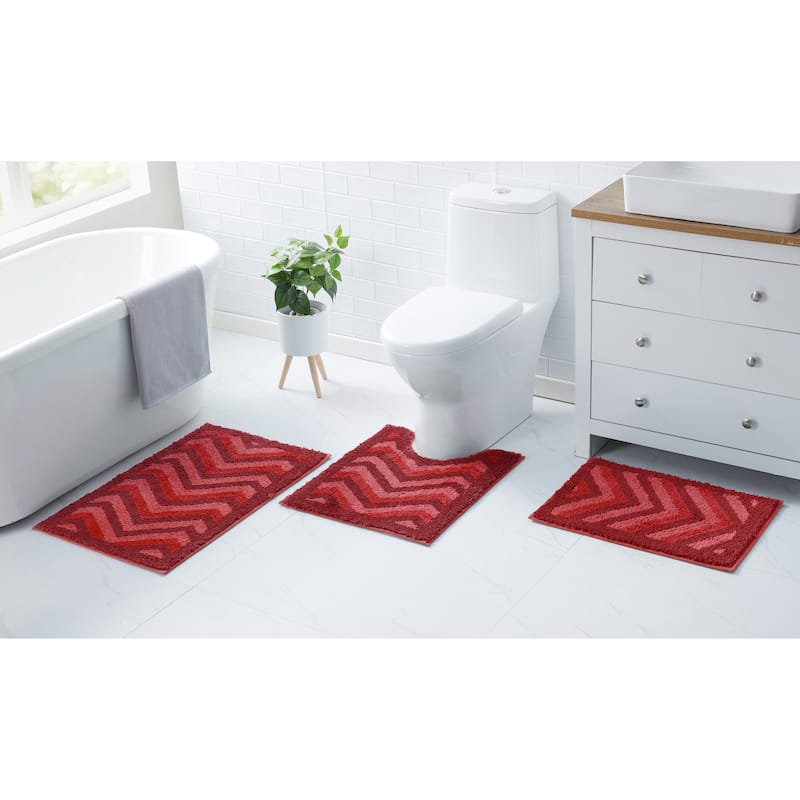 Clara Clark Non Slip Shaggy Bath Rug Set - Chevron Design Ultra Soft Bathroom Mat - 3 Piece Set - Red