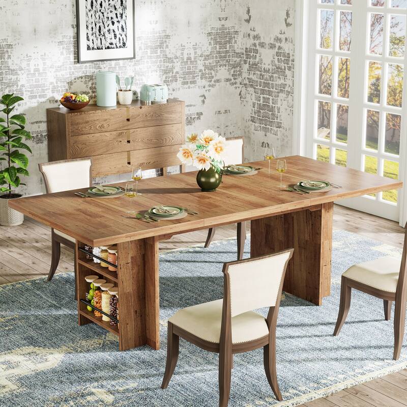 63" Farmhouse Dining Table for 6, Rectangular Wood Kitchen Table with Storage