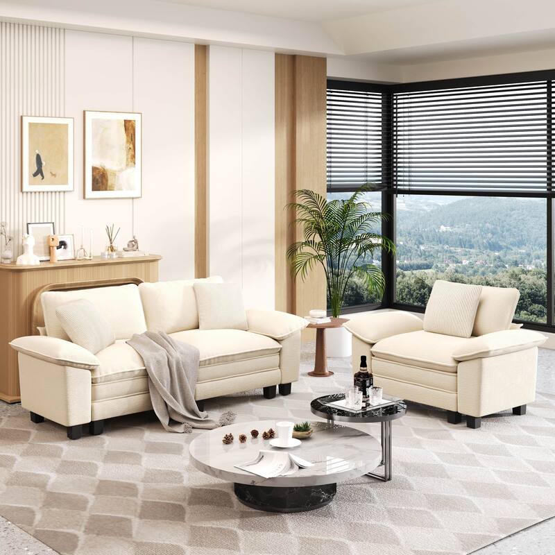 MAISON ARTS 2-Piece Chenille & Corduroy Sofa Set, Comfy 3/4/5-Seater Modular Loveseat & Armchair with Throw Pillows - Beige Chenille(3 Pieces) - Left Facing