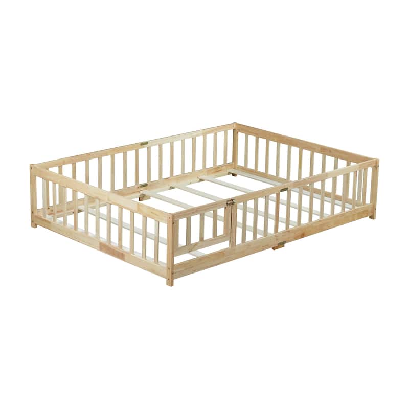 Roomfitters Twin/Full Floor Bed with Surround Fence, Rubber Wood Platform with Guardrails and Slats, Natural