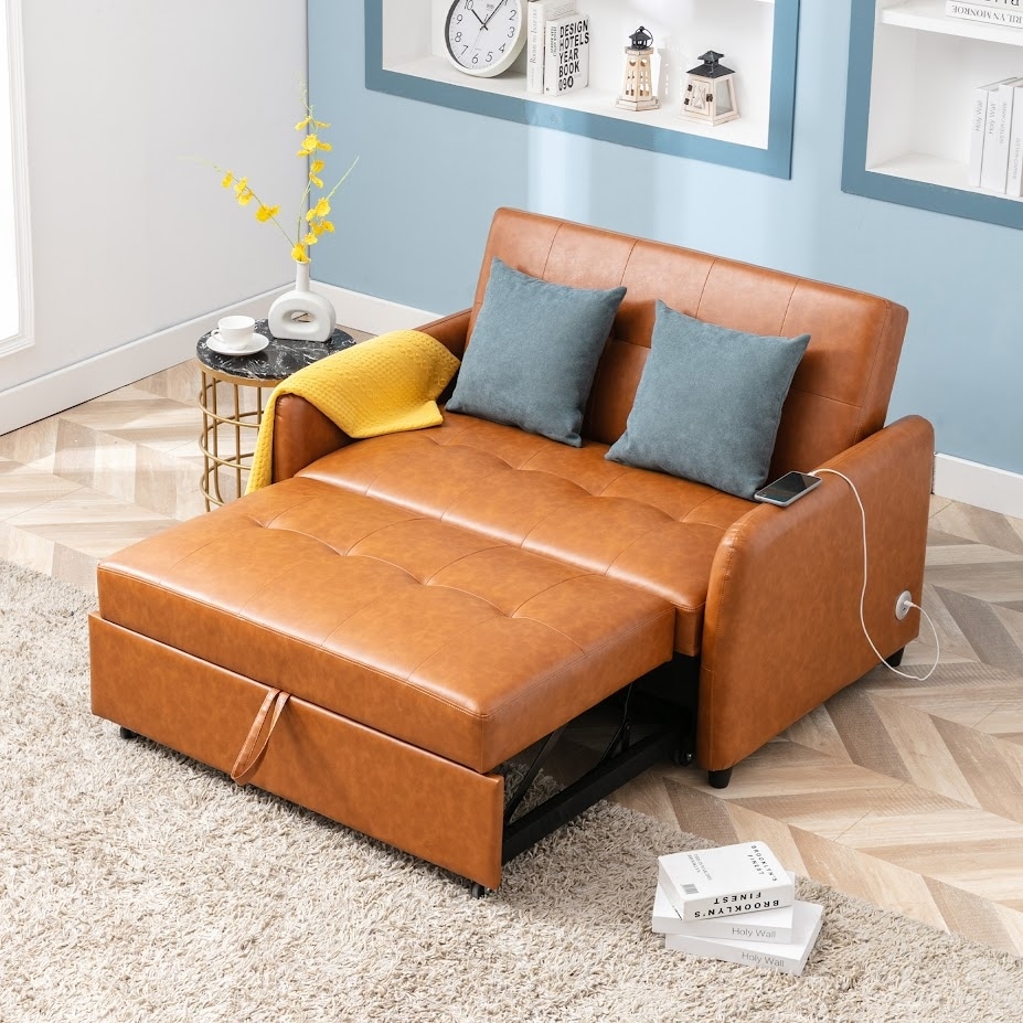 Brown leather deals sleeper sectional