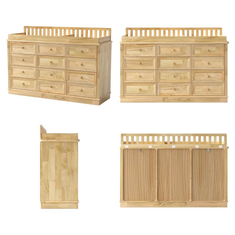 Extra Wide Solid Pine Wood 12-Drawer Changing Table Dresser – 59.9" Real Wood Nursery Dresser with Removable Topper
