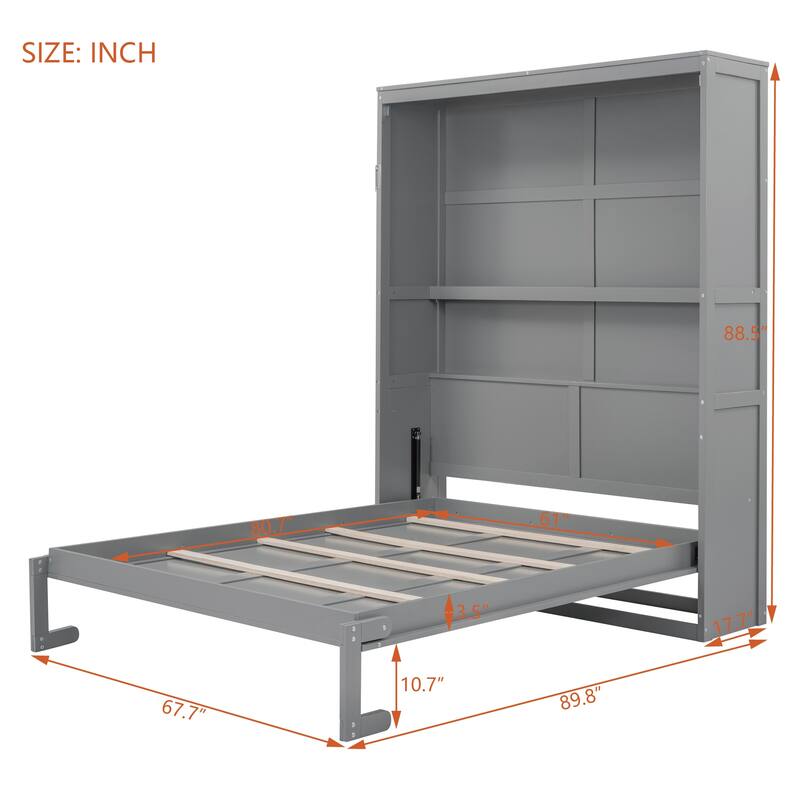 Foldable Wall Bed Queen Size Murphy Bed with 2 Layer Storage Shelves