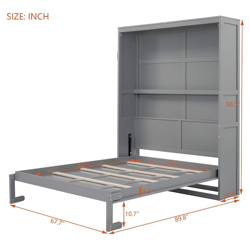Queen Size Murphy Wall Bed with Shelves, Foldable Cabinet Bed with Storage, Space-Saving Wall Bed for Home Office