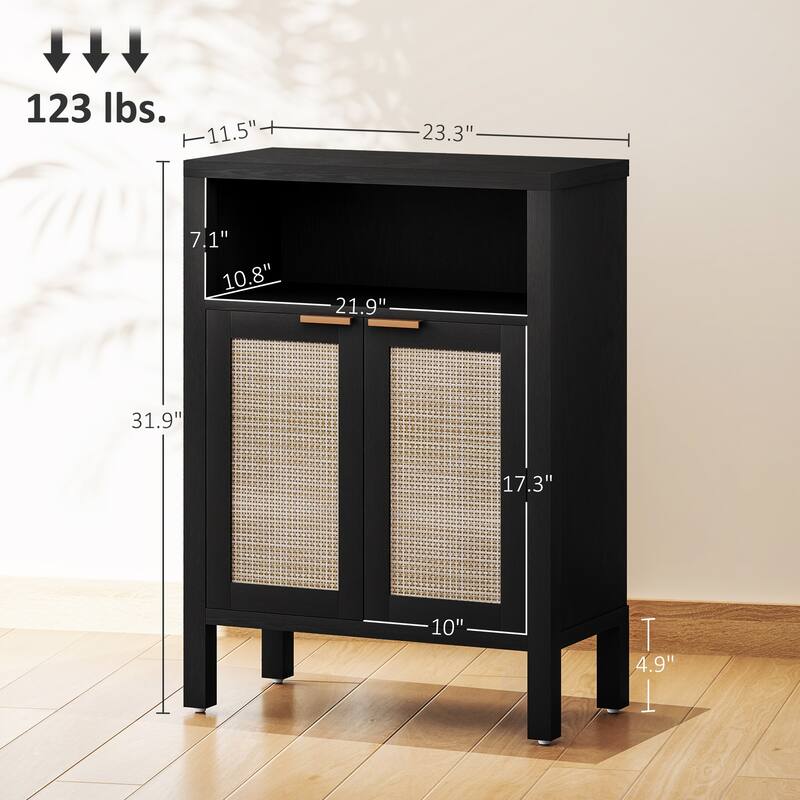 Rattan Sideboard with Adjustable Shelves and Golden Handles for Kitchen Dining and Living Room Storage