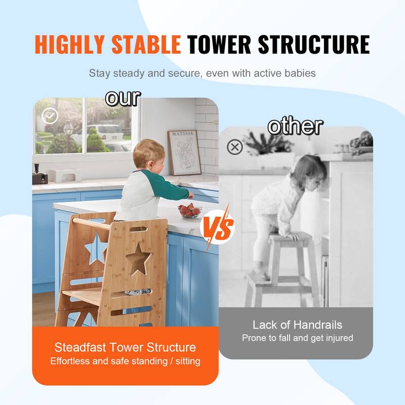 VEVOR Tower Step Stool, 3-Level Height Adjustable Toddler Step Stools for Kids, Stool with Safety Rail