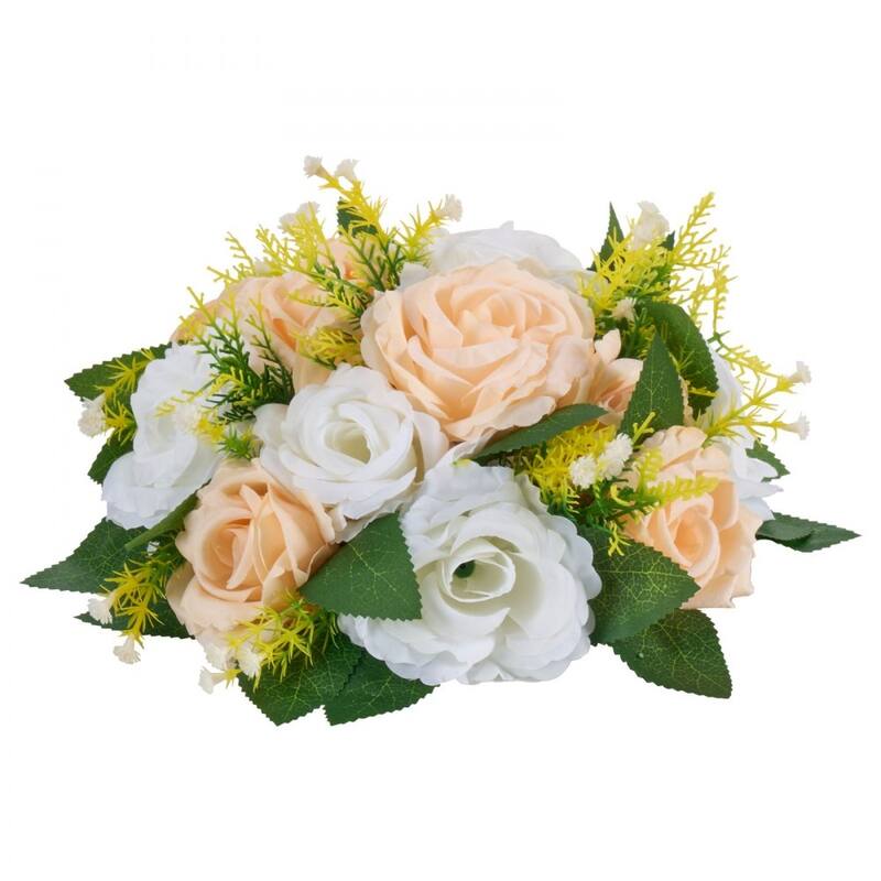 Champagne-White Silk Flower Balls Set of 10 with Plastic Base for Decor - 9.45 x 9.45 x 4.27 inch