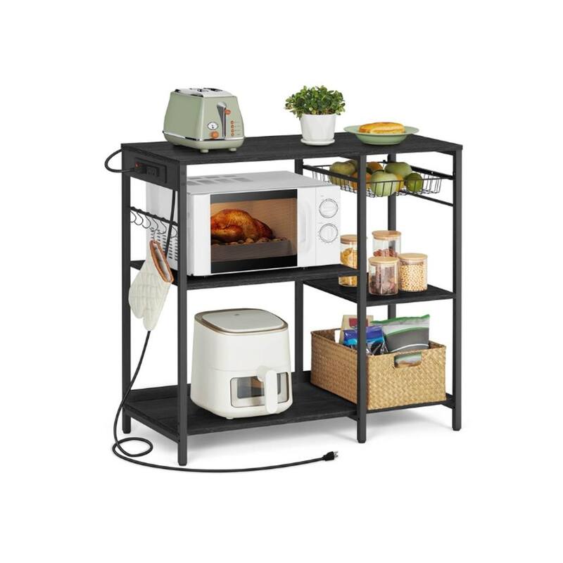 Steel Bakers Rack with Outlet Shelves and Basket with Charging Station - 15.7”D x 35.4”W x 35.6”H