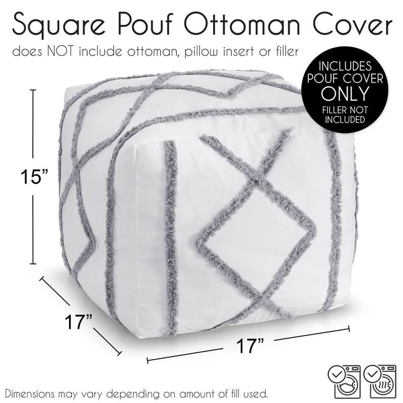 Sweet Jojo Designs White Grey Bohemian Boho Chic Unstuffed Ottoman Pouf Cover Farmhouse Shabby Textured Macrame Trim Minimalist