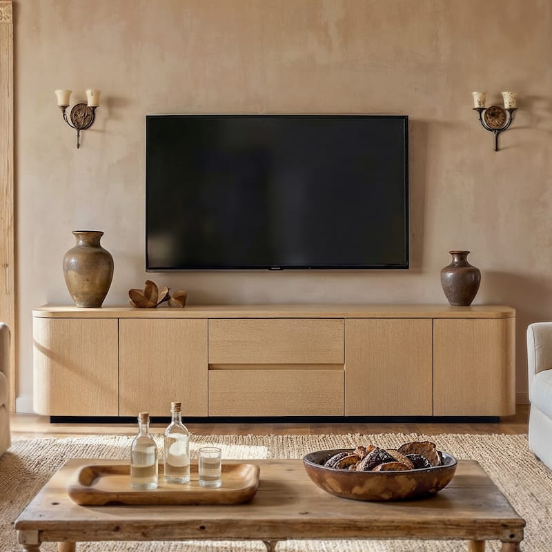 Modern Oak Wood TV Stand with 2 Drawers and Cabinets, 86.6" Long Media Console with Push-to-Open Doors, Anti-Tip Safety Design