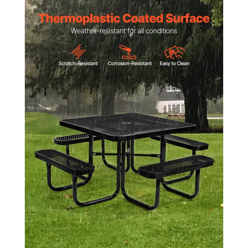 75.8" Black Picnic Square Dining Table with Built-in Umbrella Hole and Metal Frame for 6-8 People - 75.8 x 75.8 x 29.33 in