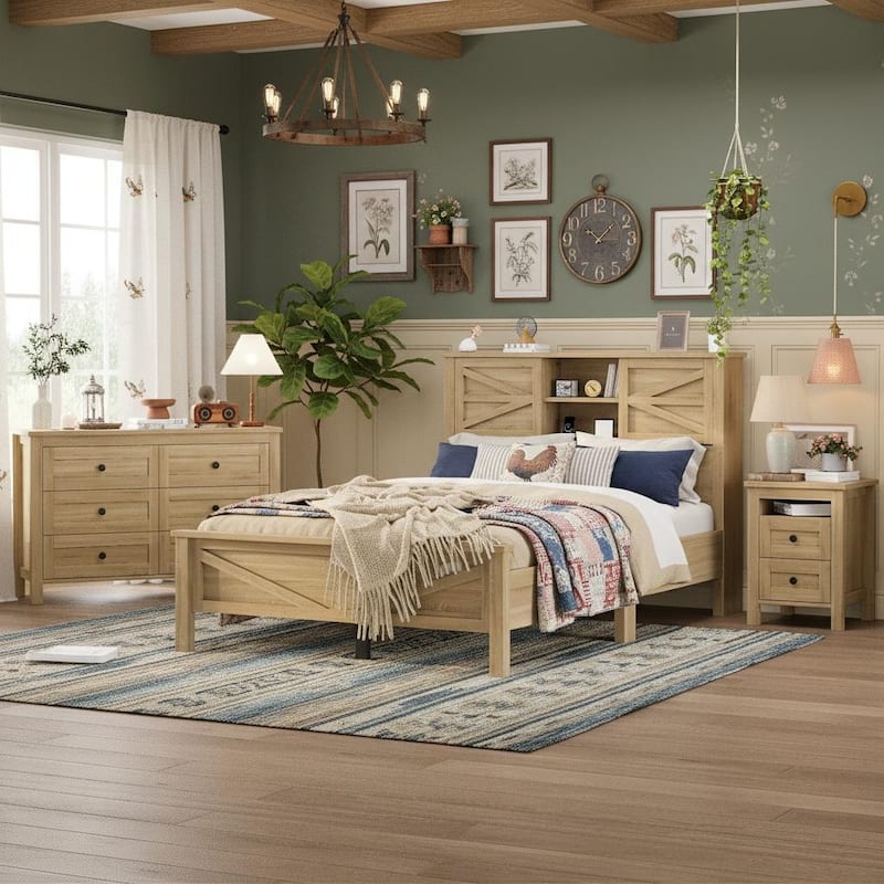 Farmhouse 3-Piece Bedroom Set with Sliding Storage Headboard & Charging Station by Harper&Bright Designs - Natural - Full