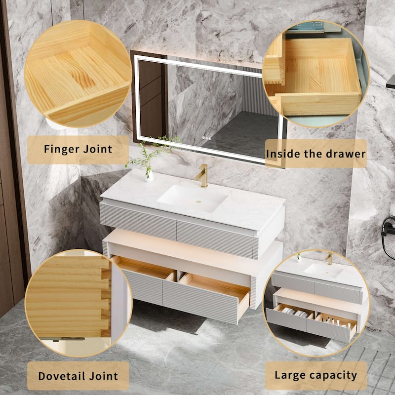 Modland 48" Modern Wall-Mounted Single Sink Bathroom Vanity with Engineered Stone Countertop,Soft-Close Drawers