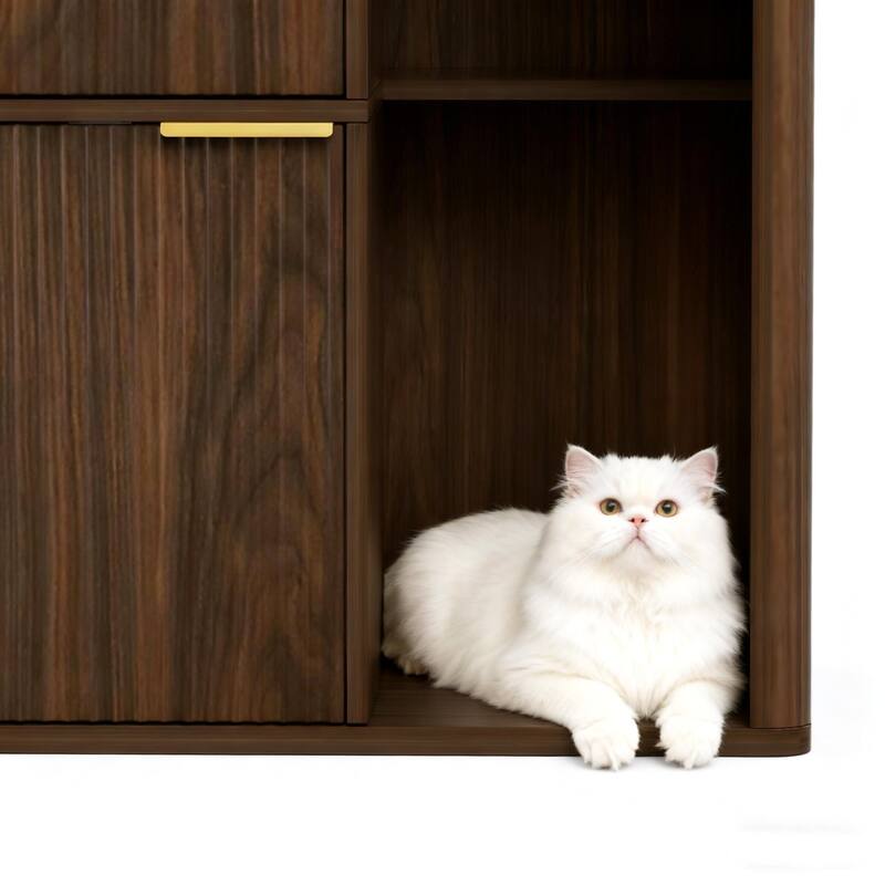 31.5" Walnut Cat Litter Cabinet with Cat Tree, Grooved Concealed Litter Furniture Featuring Dual Cat Doors and Storage Shelves
