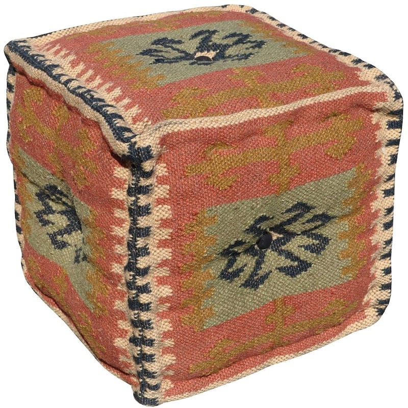 HERAT ORIENTAL Handmade Indo Wool and Jute Kilim Pouf - Red/Gold